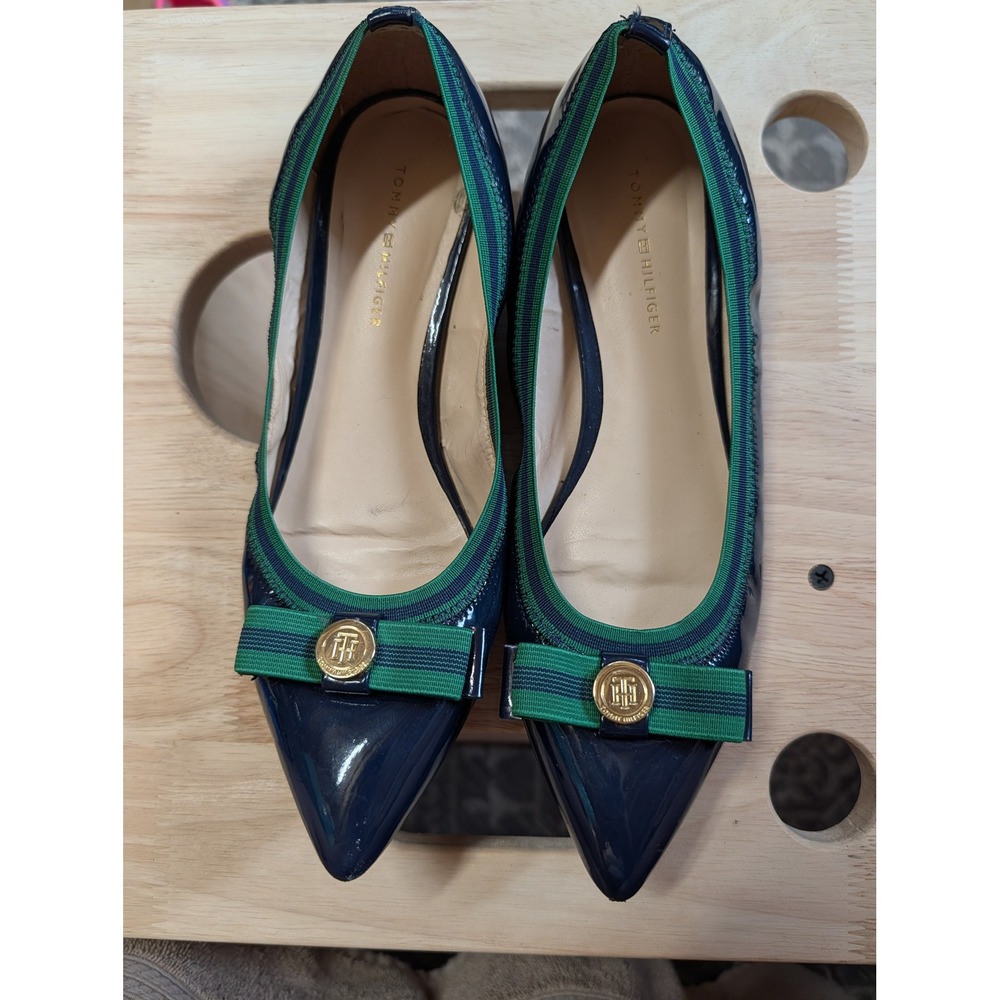 Tommy Hilfiger Navy Patent Pointed Toe Ballet Flats Green Striped Bow Womens 6M